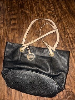 Michael Kors Black Pebbled Leather Tote with Cream Straps